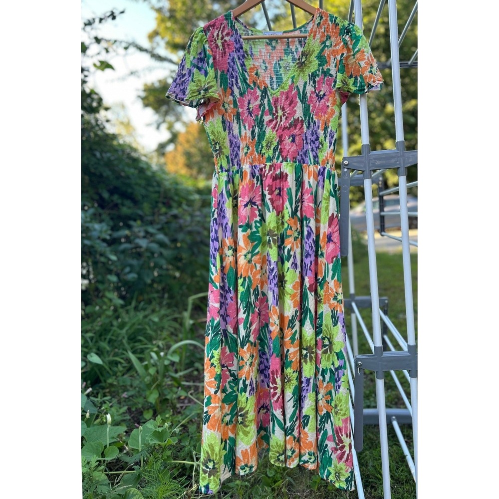 Sage The Label Floral Smocked Maxi Dress XL Pink Green Cottagecore Garden Party